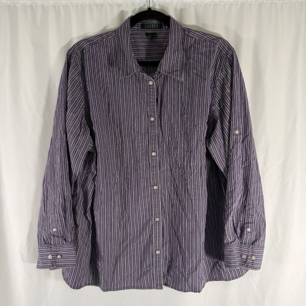 Lauren Ralph Lauren Dress Shirt Women's 2X Purple Striped Button Up Long Sleeve